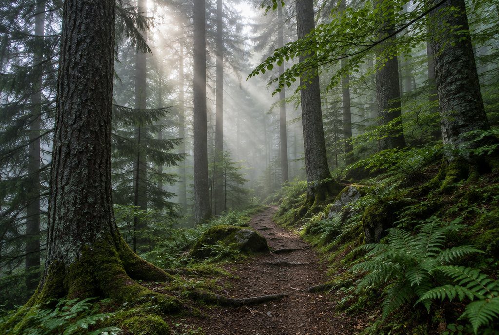 Sunlight filtering through a dense alpine beech forest