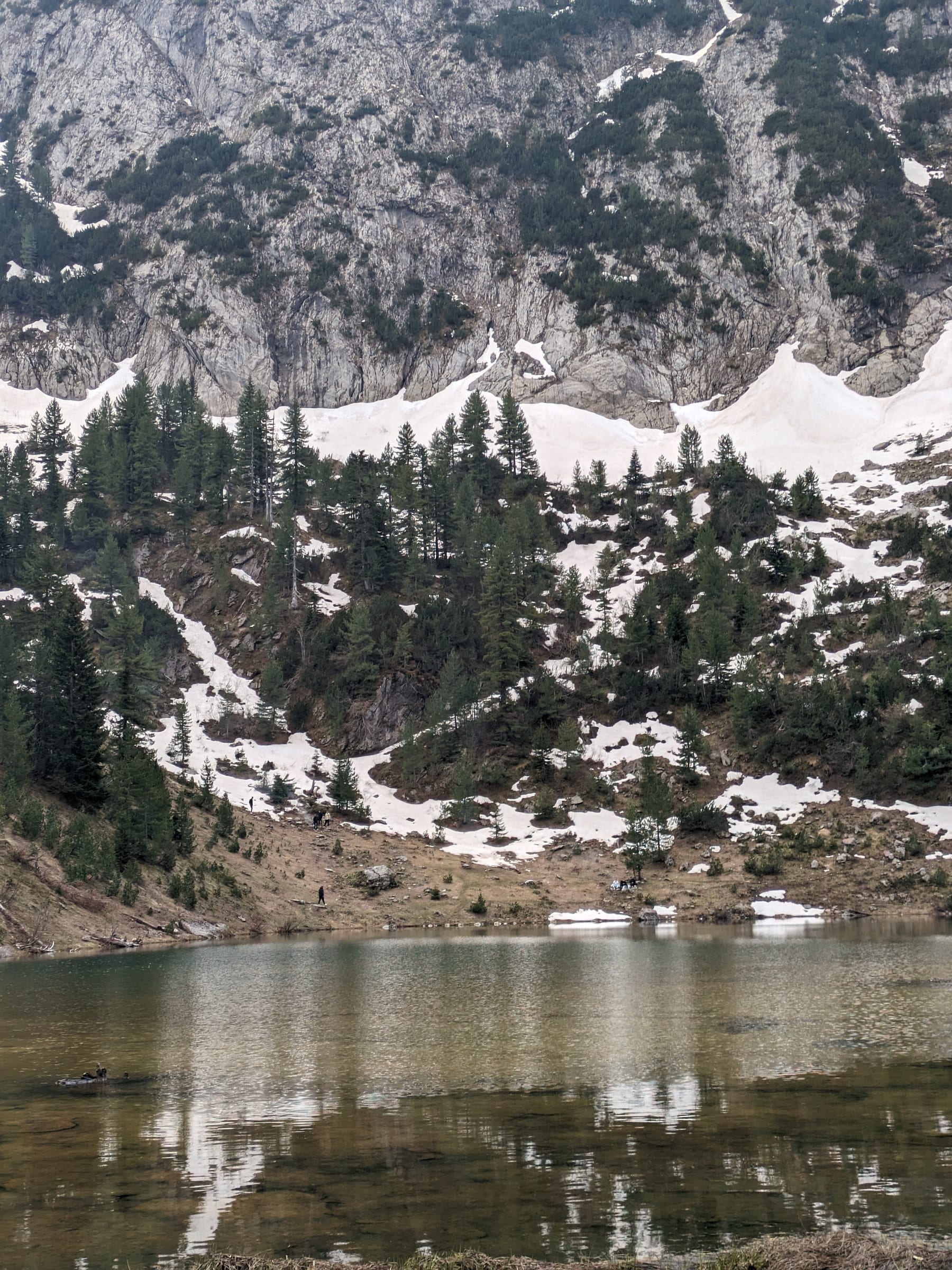 Liqenat au printemps, son eau calme reflétant les pins et les névés des parois du cirque au-dessus