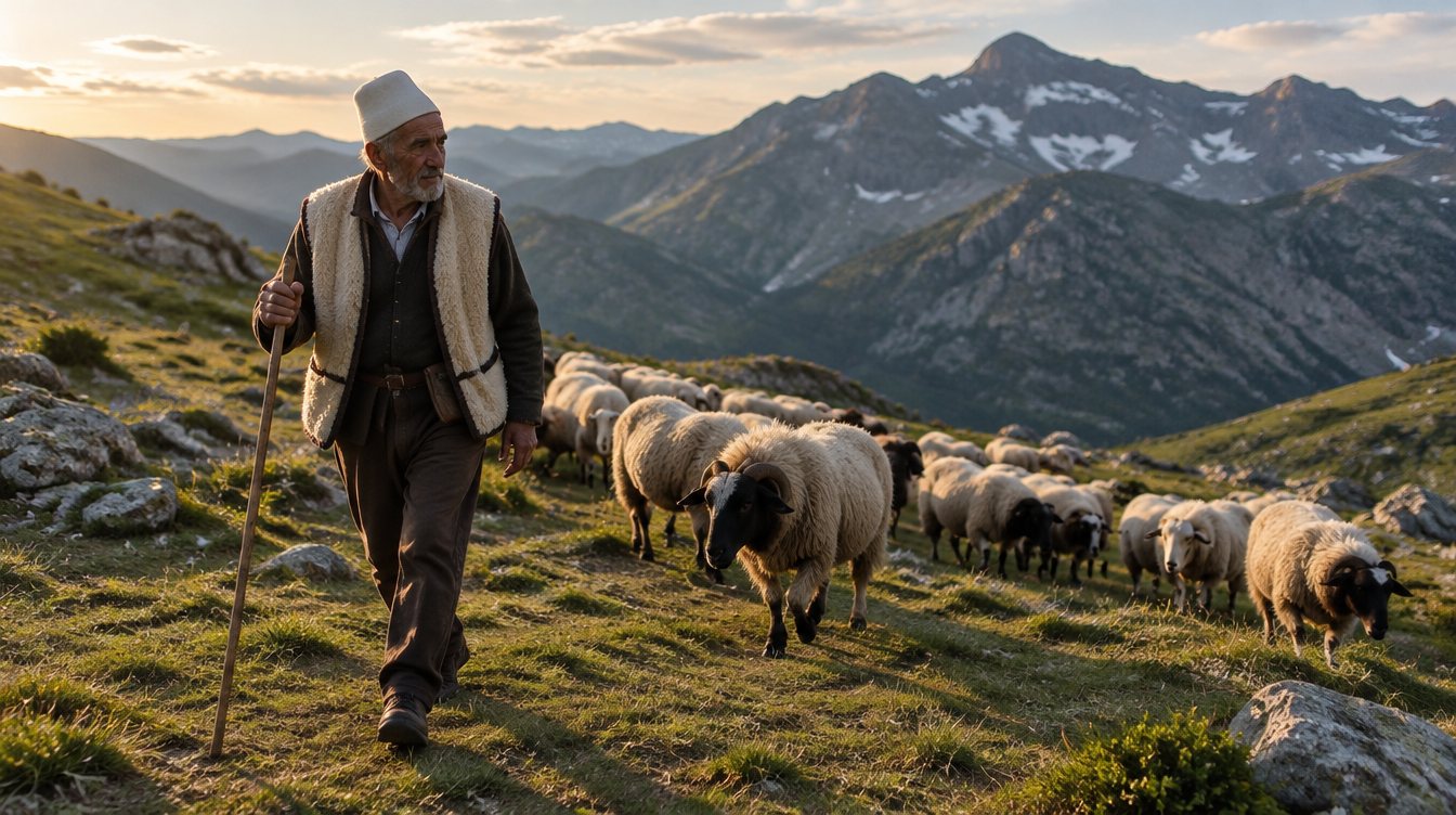 A shepherd walking with his flock through the mountains
