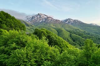 Beech forest in fresh spring leaf below the snow-streaked peaks above Prevalla in the Sharr Mountains, seen from the air