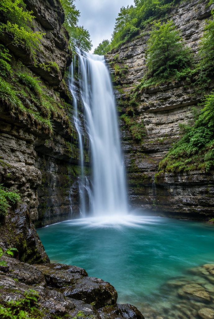 Water falling through a green canyon